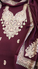 Wine Winter Suit Set with Aari Work in Pashmina Wool - Masakalee