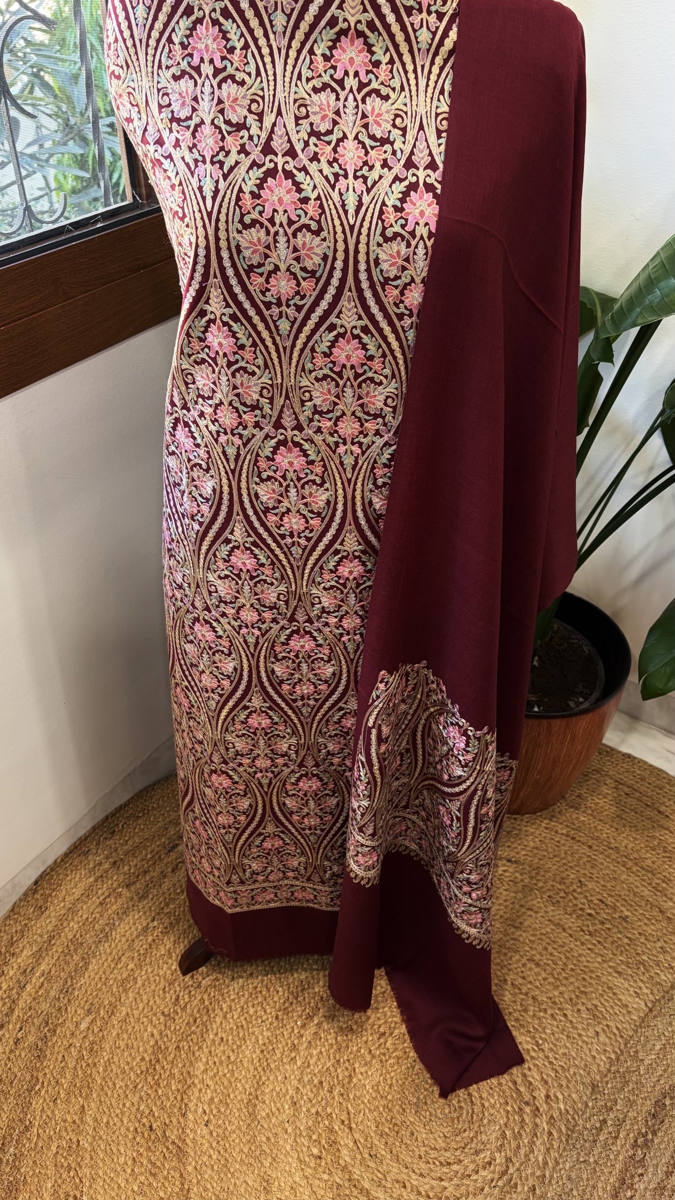 Wine Winter Suit Set with Aari Work in Pashmina Wool - Masakalee
