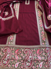 Wine Winter Suit Set with Aari Work in Pashmina Wool - Masakalee