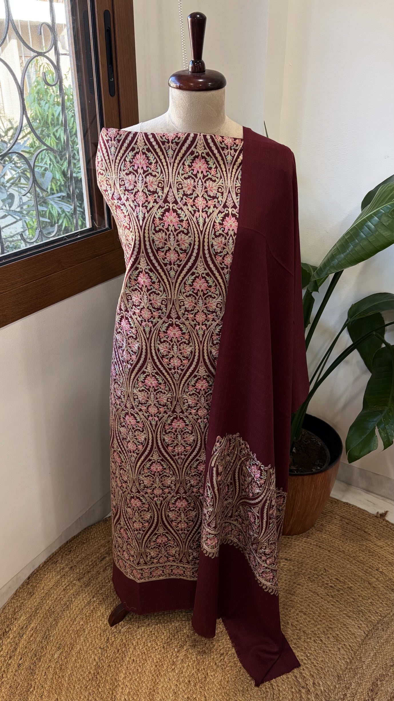Wine Winter Suit Set with Aari Work in Pashmina Wool - Masakalee