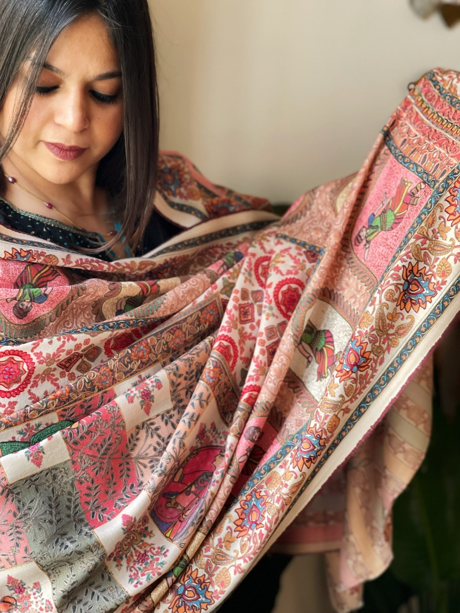 Woven Pashmina Kalamkari Shawl with Embroidery - Masakalee