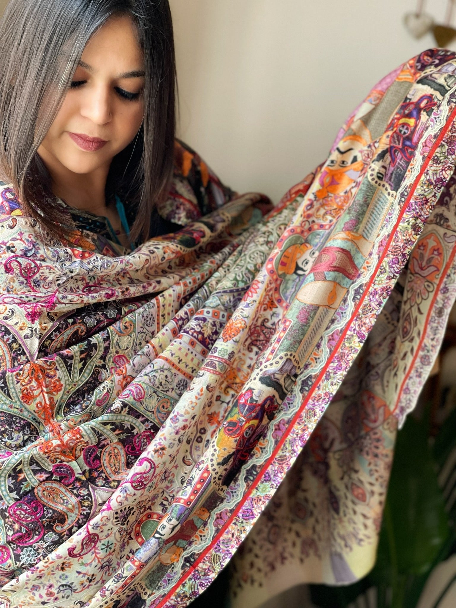 Woven Pashmina Kalamkari Shawl with Embroidery - Masakalee