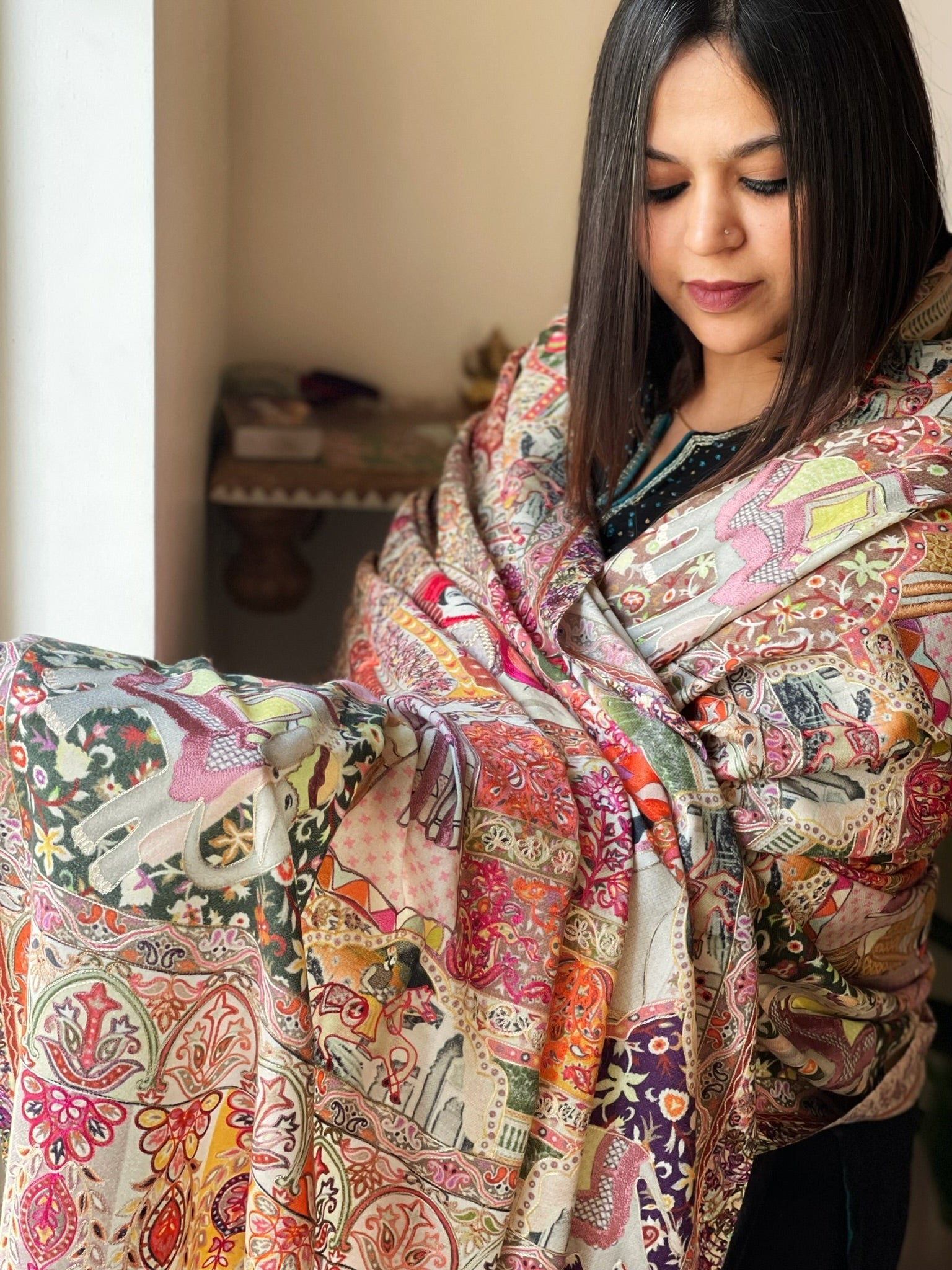 Woven Pashmina Kalamkari Shawl with Embroidery - Masakalee