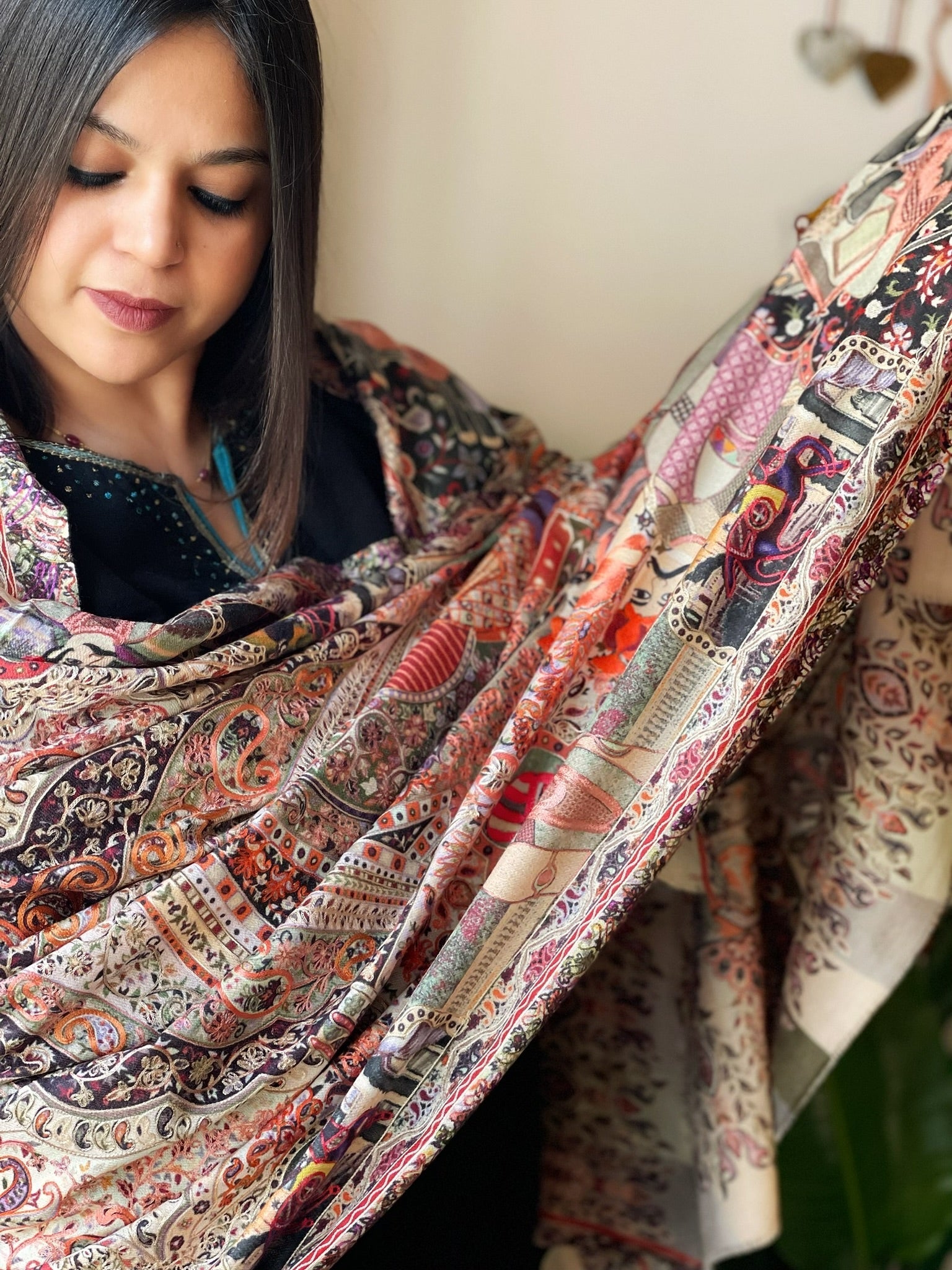 Woven Pashmina Kalamkari Shawl with Embroidery - Masakalee