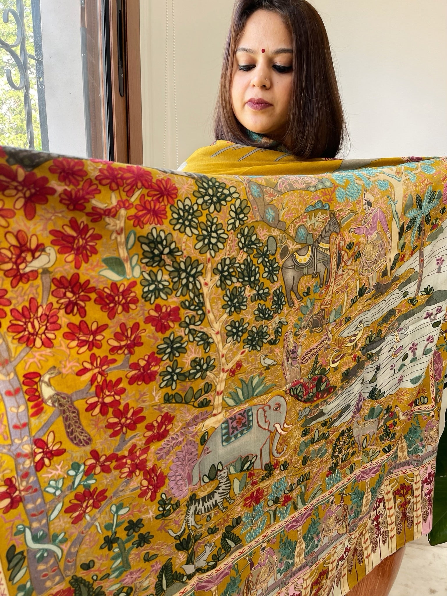 Woven Pashmina Kalamkari Shawl with Thread Embroidery - Masakalee