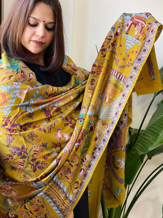 Woven Pashmina Kalamkari Shawl with Thread Embroidery - Masakalee