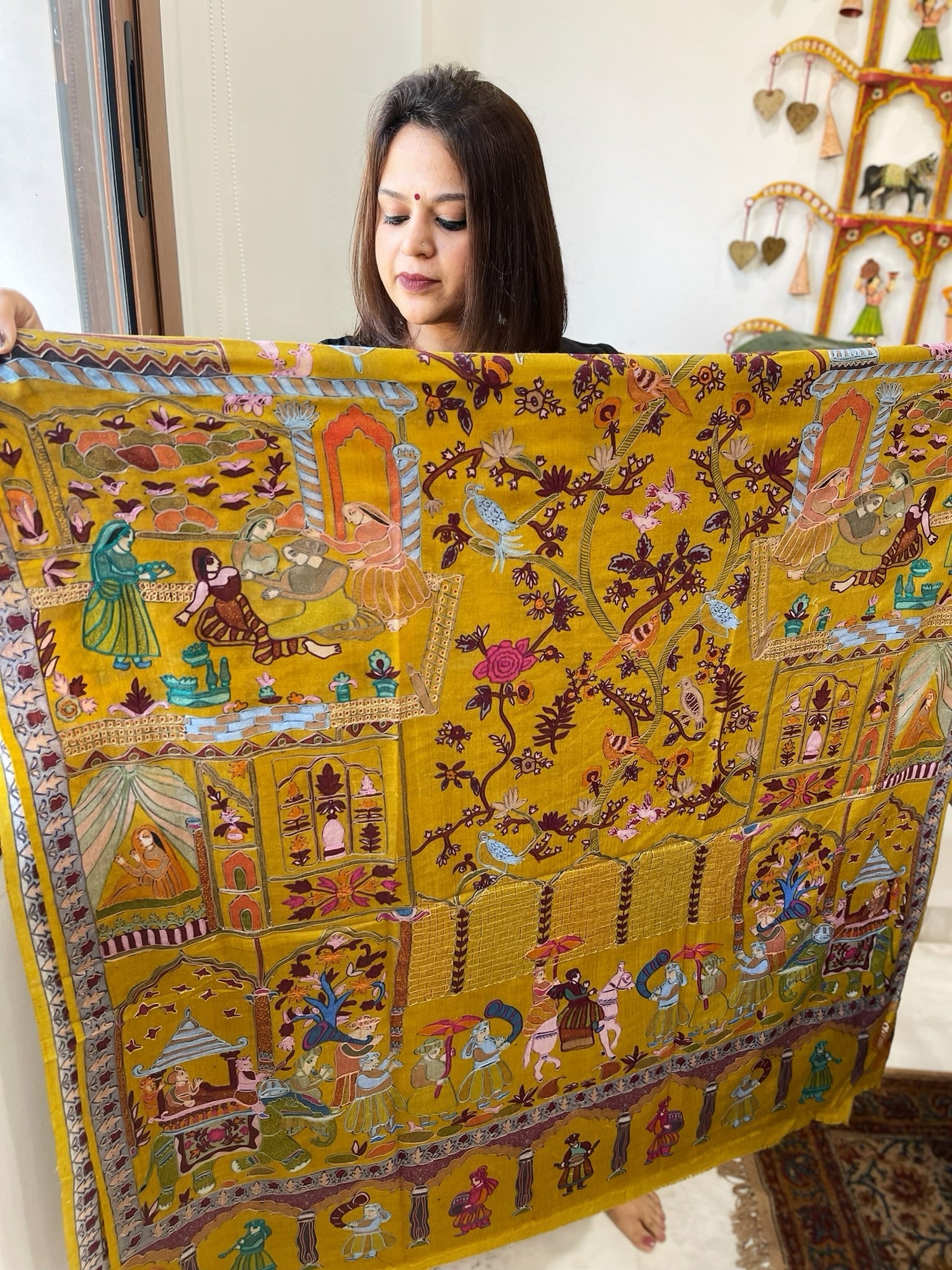 Woven Pashmina Kalamkari Shawl with Thread Embroidery - Masakalee