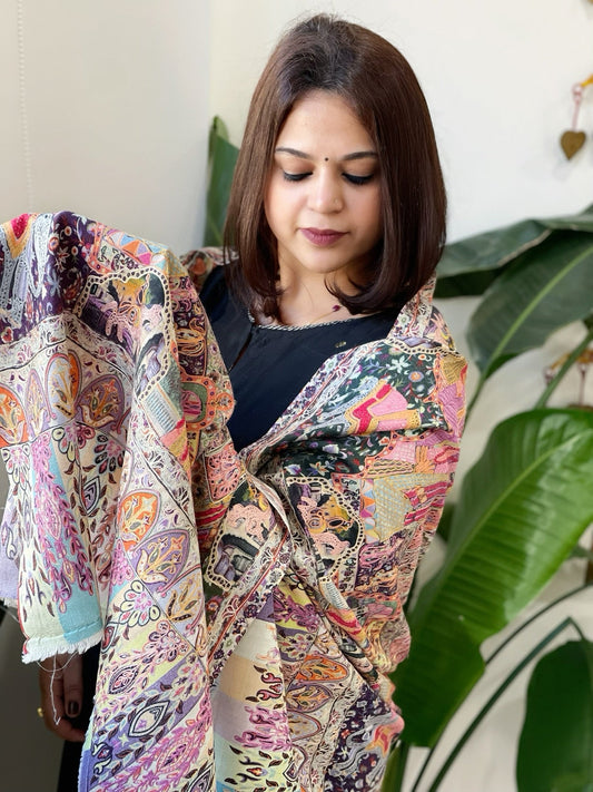 Woven Pashmina Kalamkari Stole with Embroidery - Masakalee
