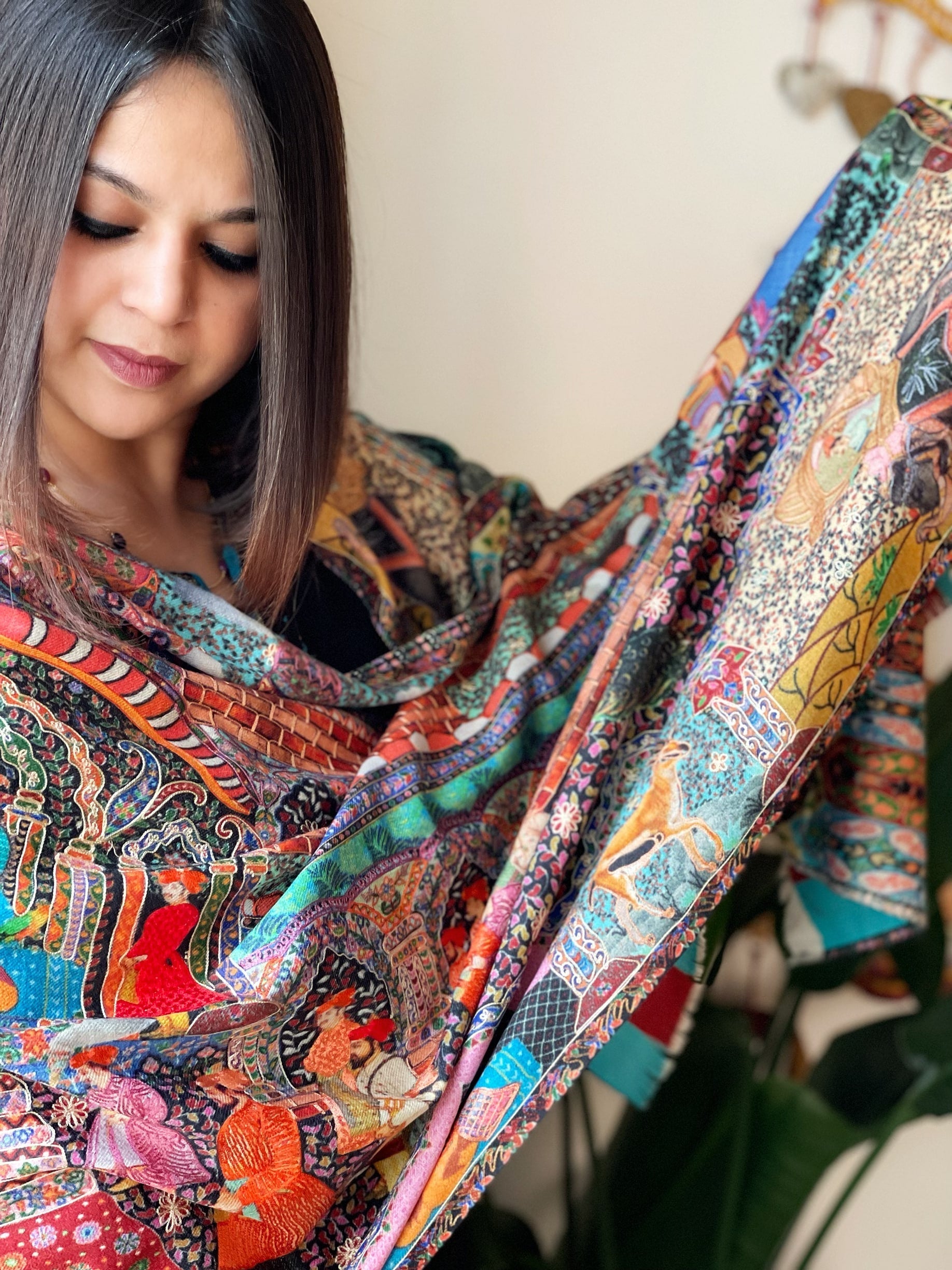 Woven Pashmina Kalamkari Stole with Embroidery - Masakalee