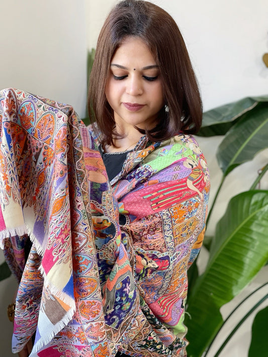 Woven Pashmina Kalamkari Stole with Embroidery - Masakalee