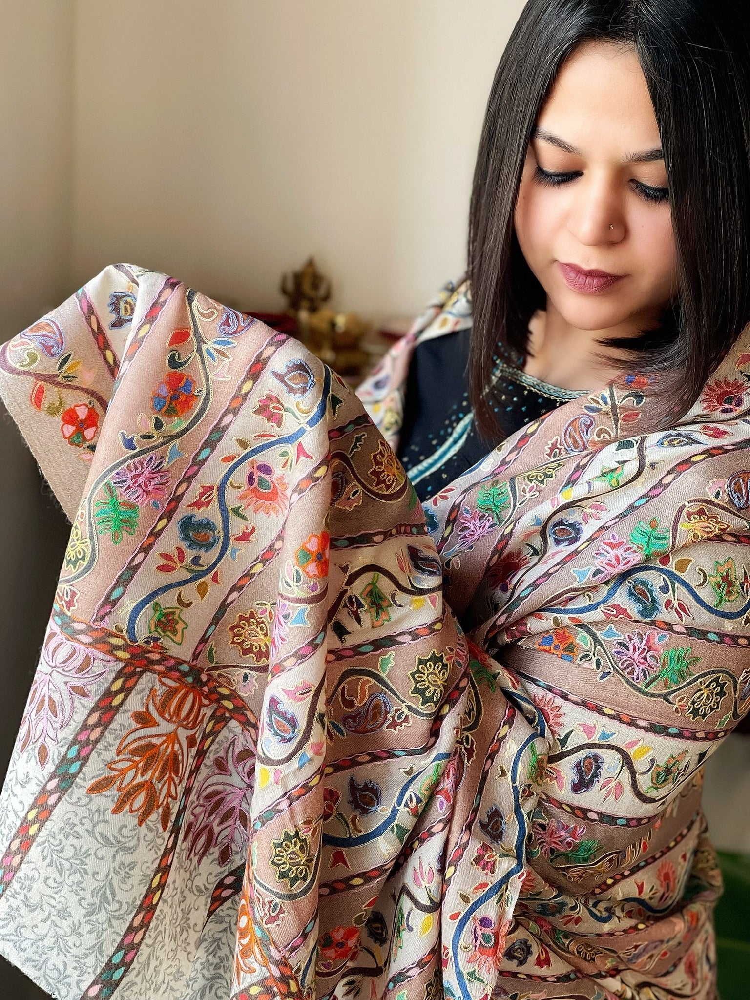 Woven Pashmina Kalamkari Stole with Embroidery - Masakalee