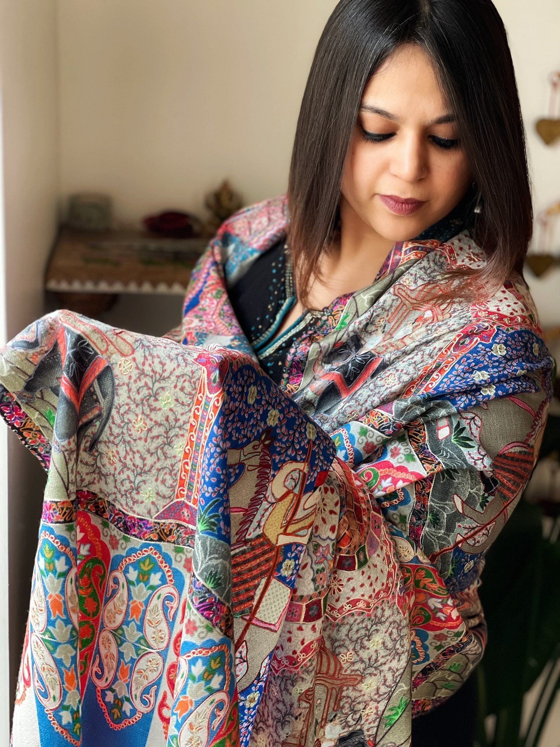 Woven Pashmina Kalamkari Stole with Embroidery - Masakalee