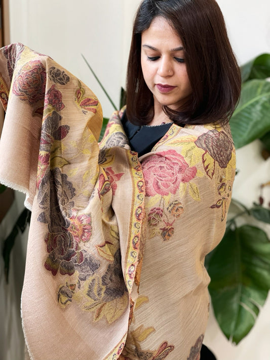 Woven Pashmina Zari Stole with Floral Kaani Pallu - Masakalee