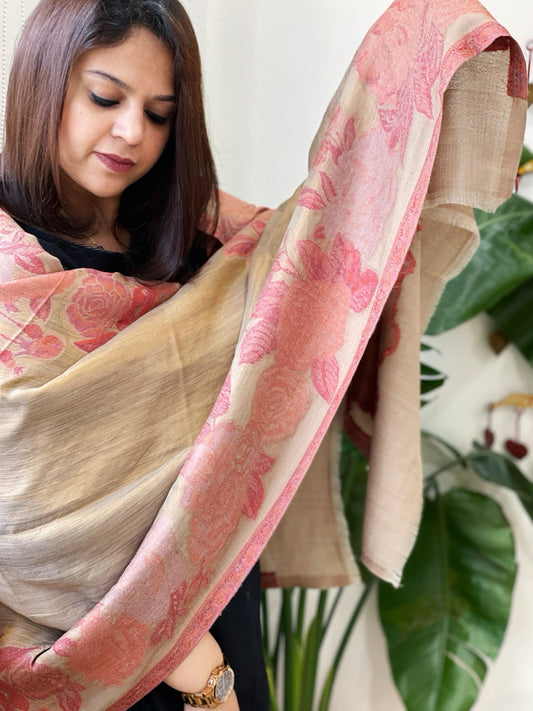 Woven Pashmina Zari Stole with Floral Kaani Pallu - Masakalee