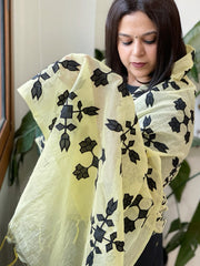 Yellow Applique handwork Dupatta in Mul Chanderi - Masakalee