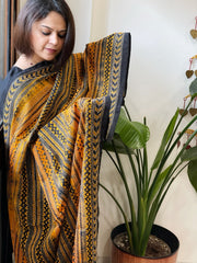 Yellow, Black Handmade Kantha Dupatta in Silk - Masakalee