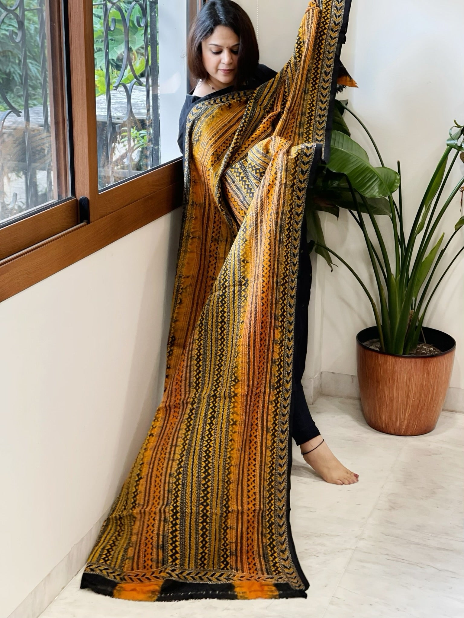 Yellow, Black Handmade Kantha Dupatta in Silk - Masakalee