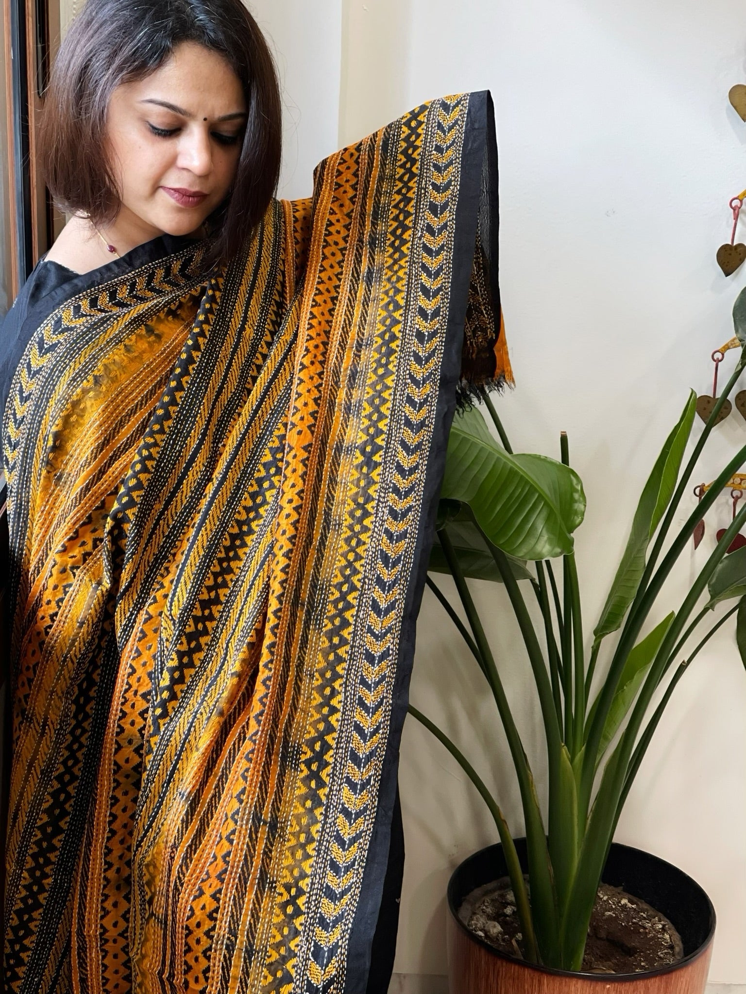 Yellow, Black Handmade Kantha Dupatta in Silk - Masakalee