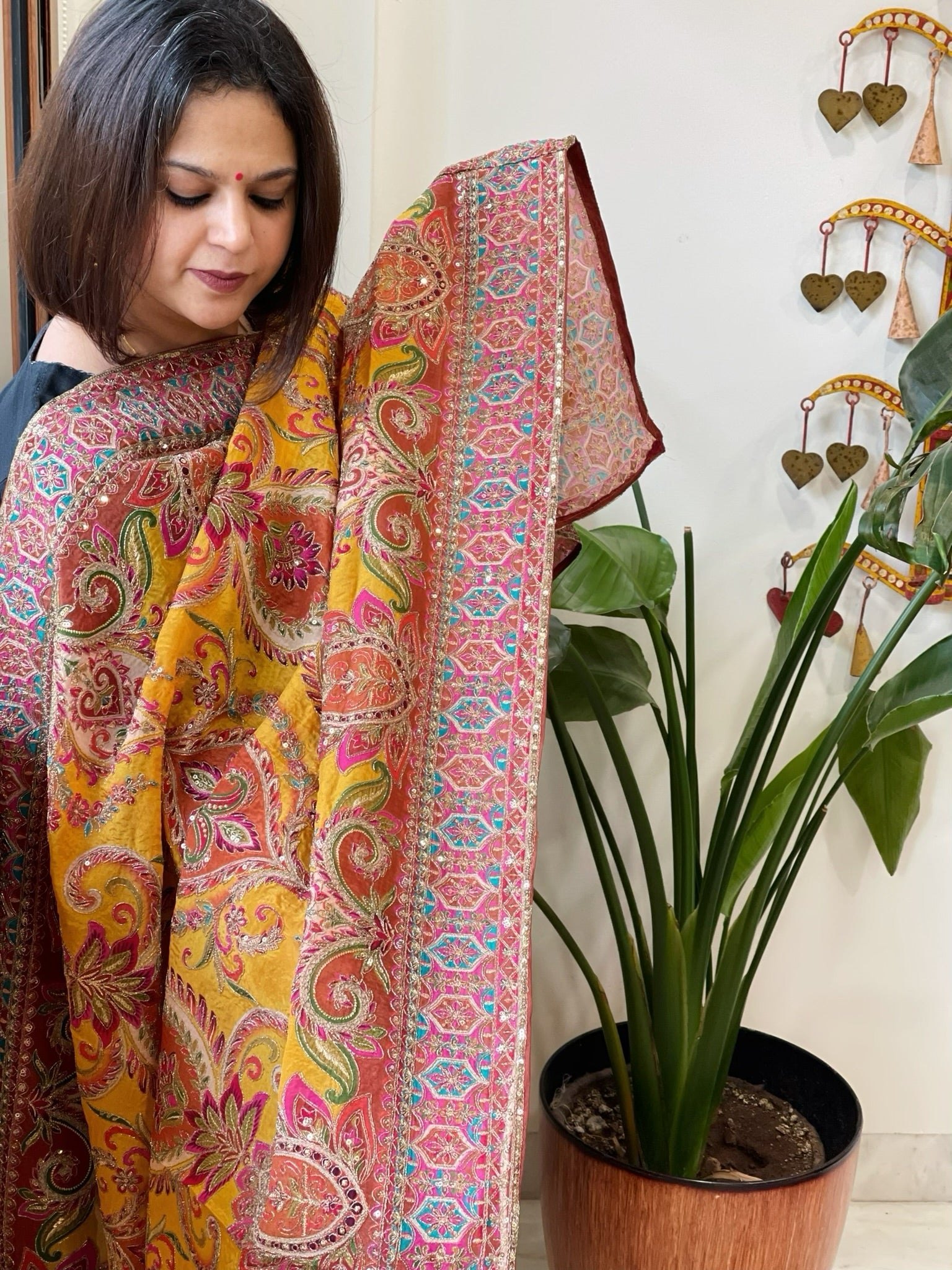 Yellow Chinon Dupatta with Aari Embroidery - Masakalee