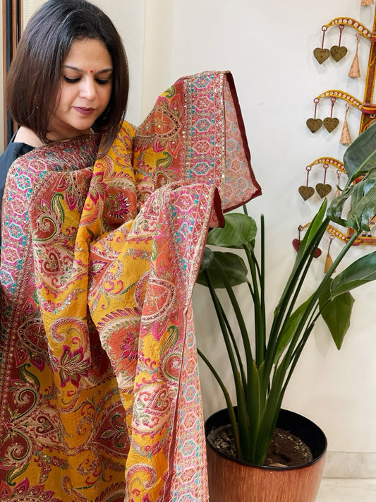 Yellow Chinon Dupatta with Aari Embroidery - Masakalee