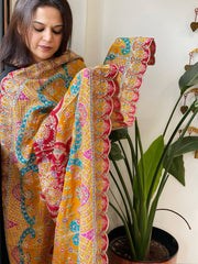 Yellow Chinon Dupatta with Aari Embroidery - Masakalee
