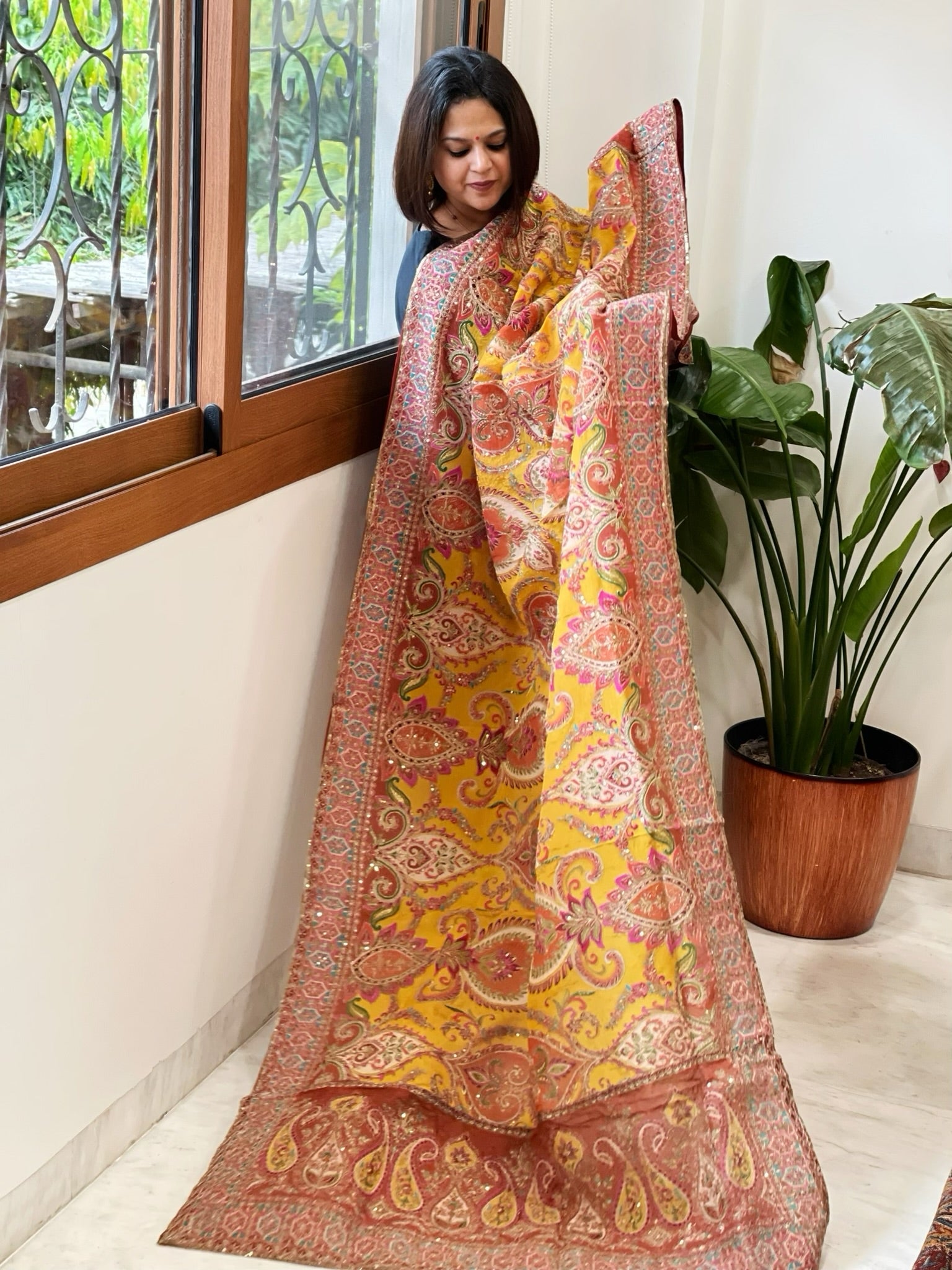 Yellow Chinon Dupatta with Aari Embroidery - Masakalee