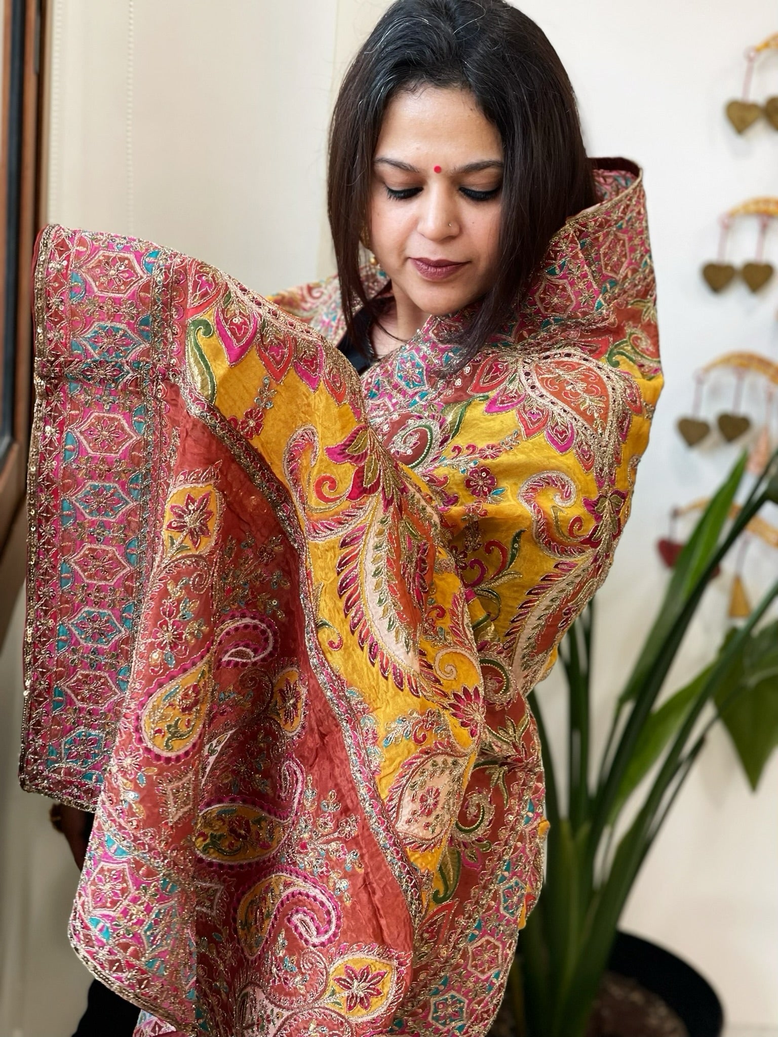 Yellow Chinon Dupatta with Aari Embroidery - Masakalee