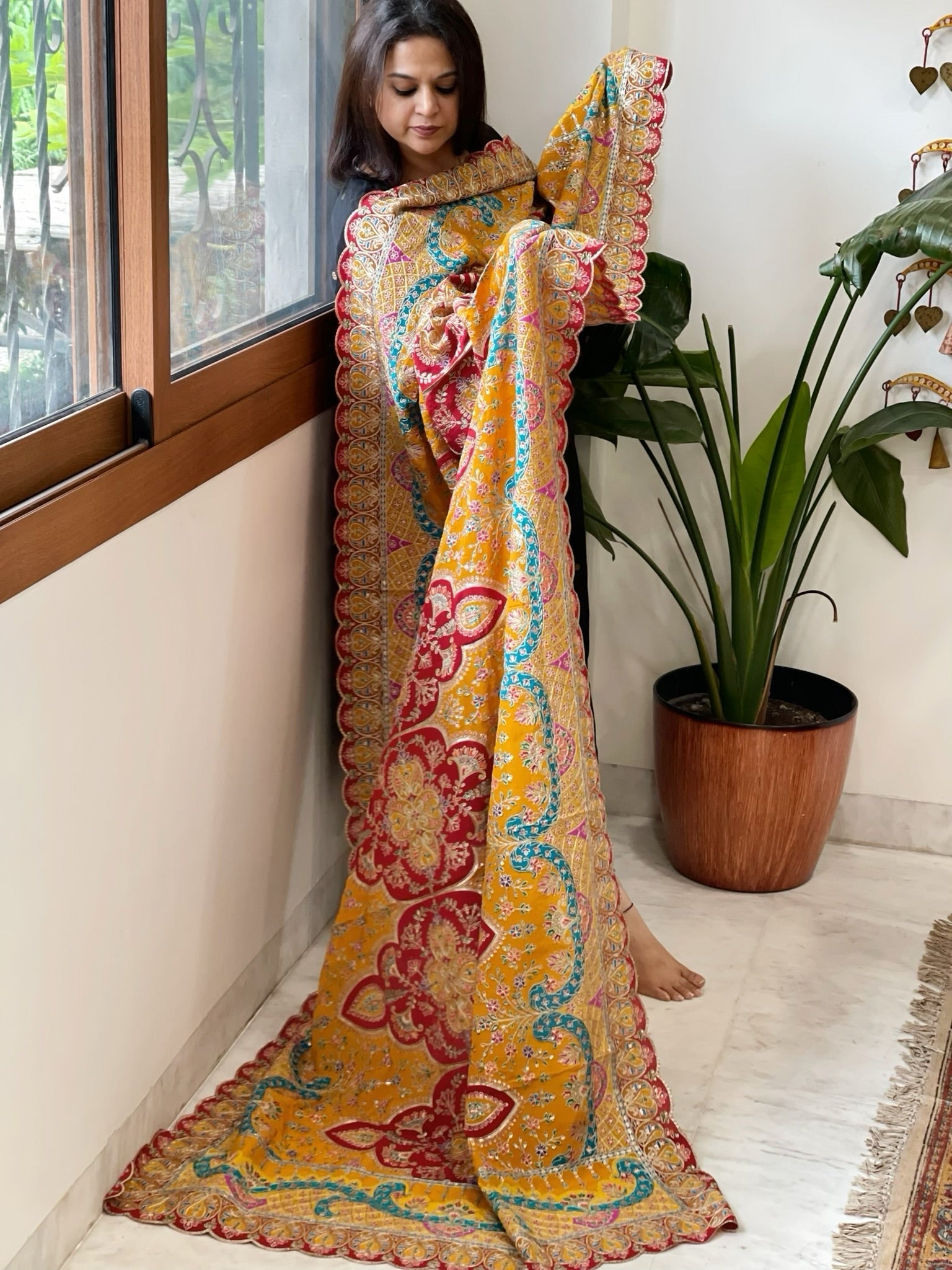 Yellow Chinon Dupatta with Aari Embroidery - Masakalee