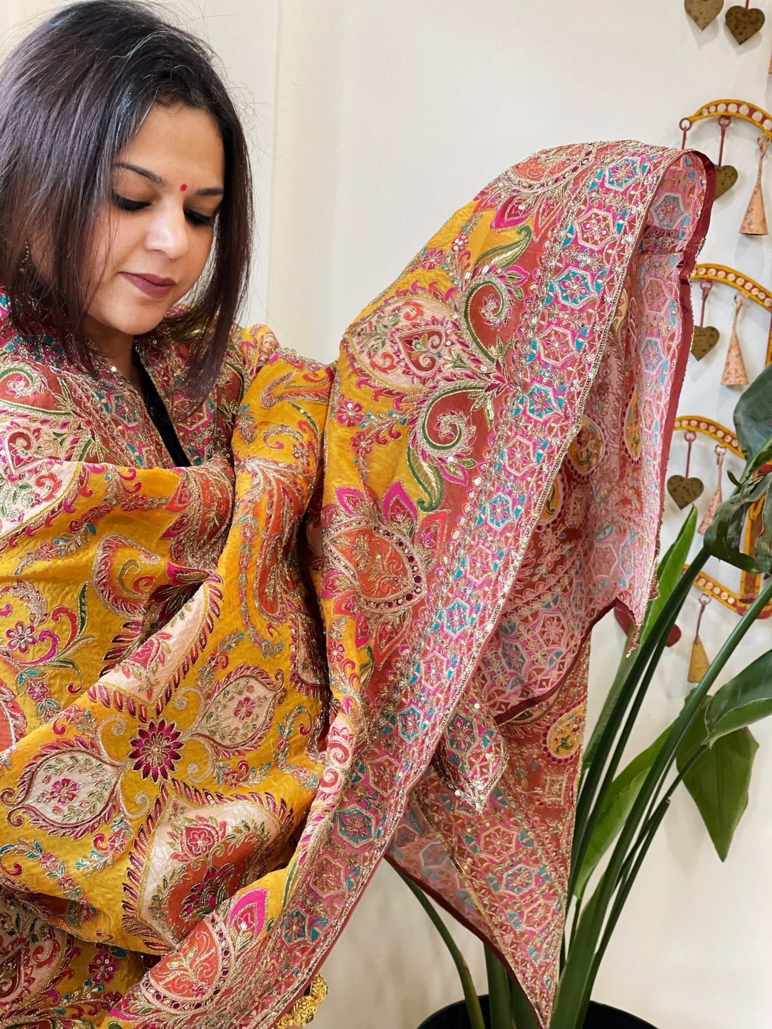 Yellow Chinon Dupatta with Aari Embroidery - Masakalee