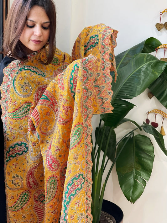 Yellow Chinon Dupatta with Aari Embroidery - Masakalee