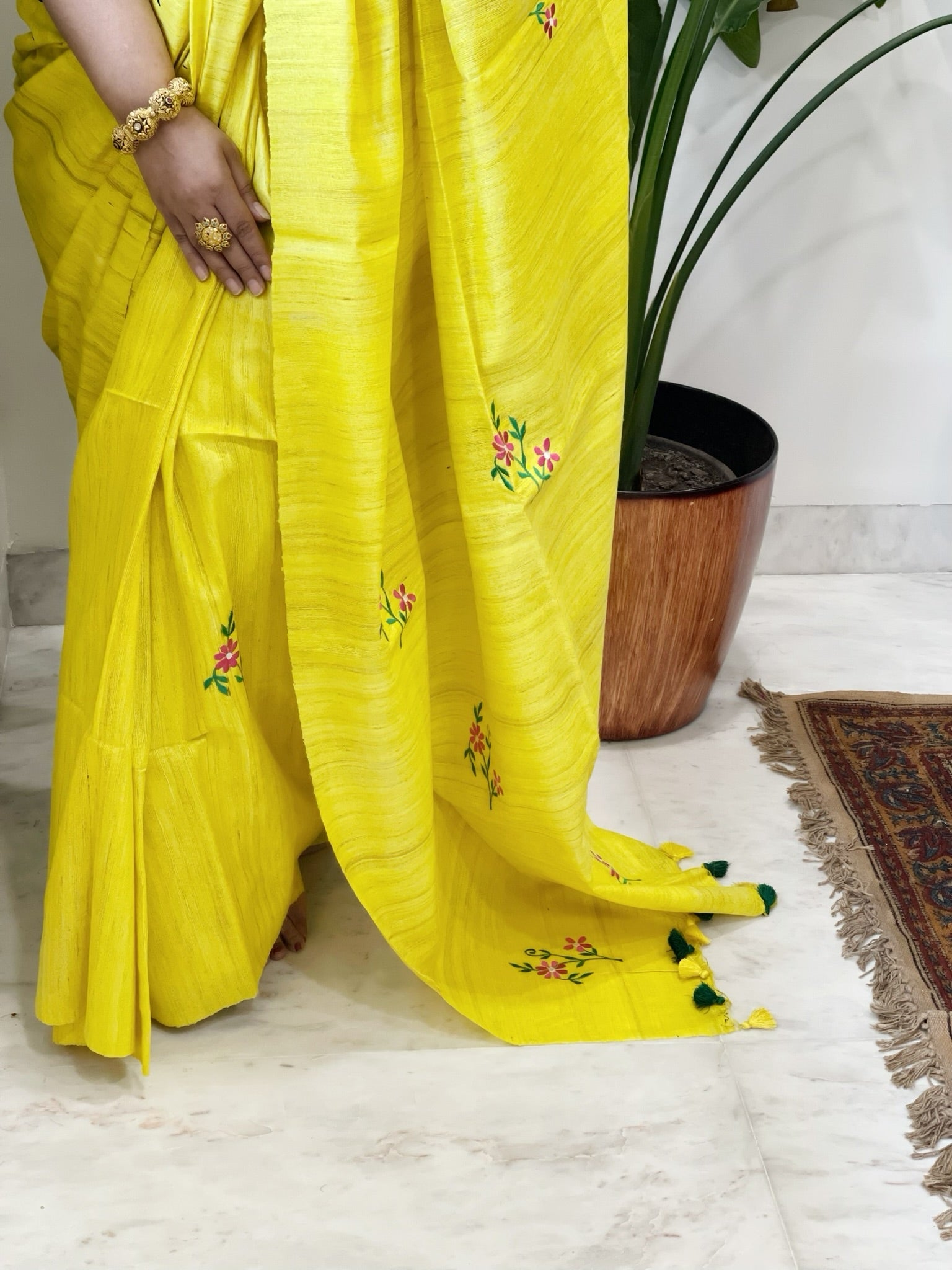 Yellow Embroidered Saree in Pure Tussar - Geecha Silk - Masakalee