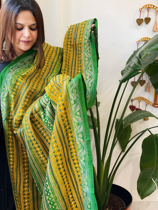 Yellow, Green Handmade Kantha Dupatta in Silk - Masakalee