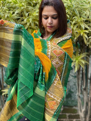 Yellow, Green Handwoven Patola with Rai Bandhej Dupatta in Pure Silk - Masakalee