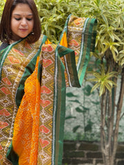 Yellow, Green Handwoven Patola with Rai Bandhej Dupatta in Pure Silk - Masakalee