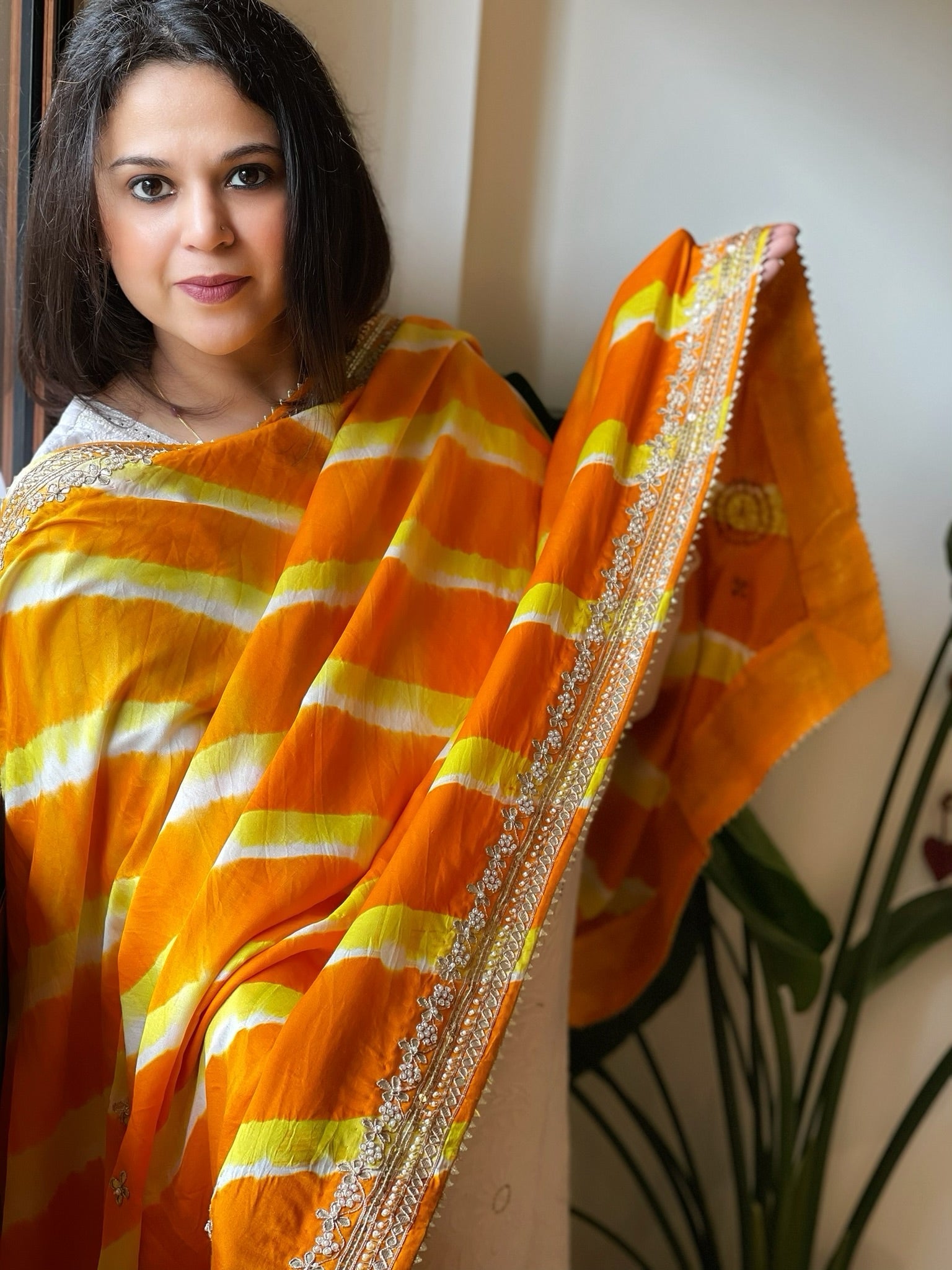 Yellow, Haldi Yellow Handmade Leheriya Dupatta with Gotapatti and Pearl Handwork in Pure Gajji Silk - Masakalee