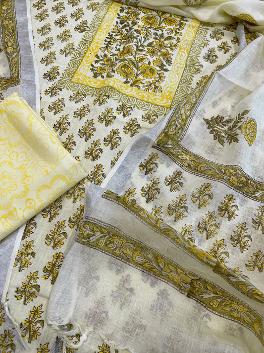 Yellow Handblock Printed Suit Set in Pure Linen - Masakalee