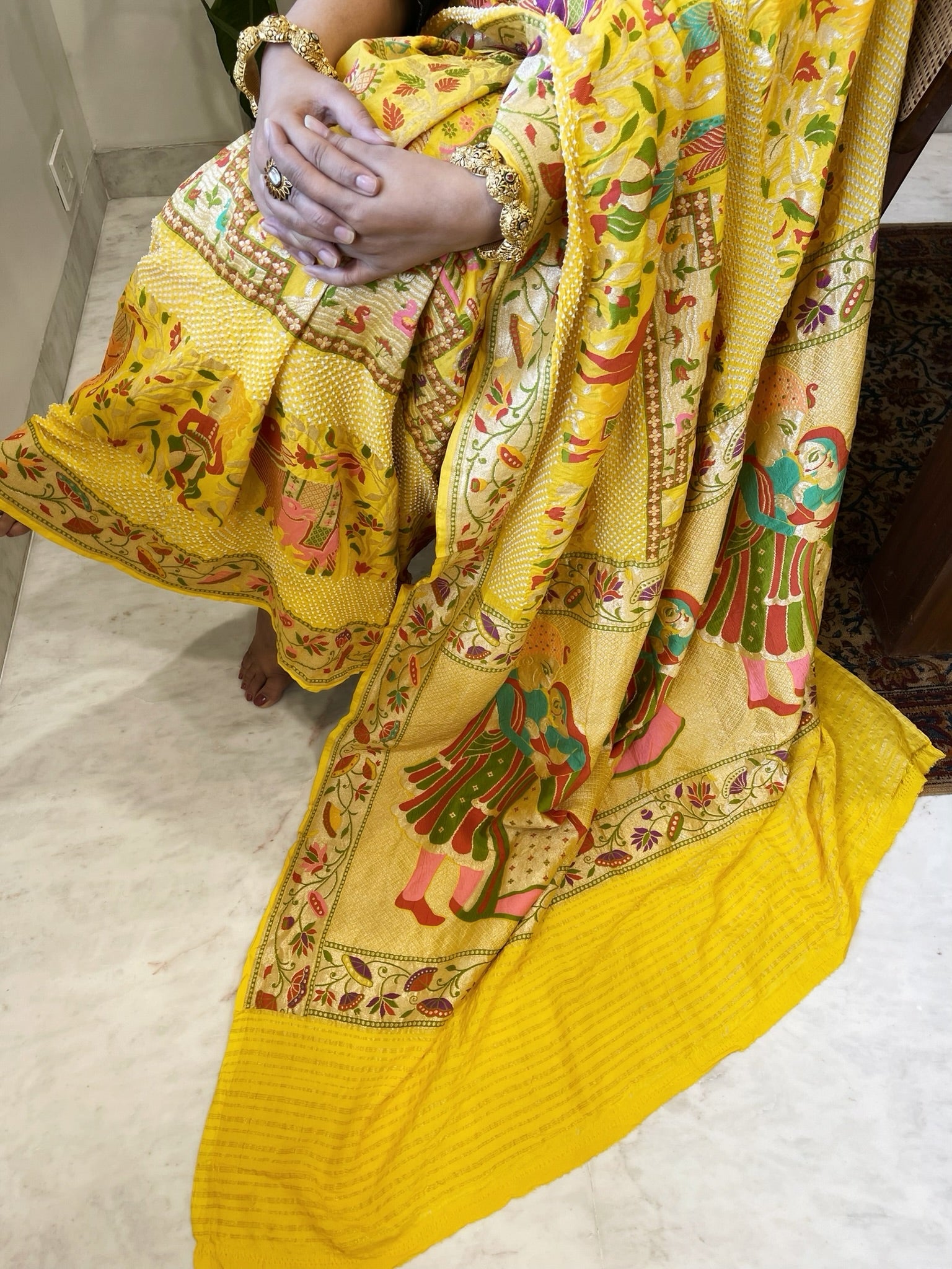 Yellow Handmade Bandhani Saree with Meenakari in Pure Georgette - Masakalee