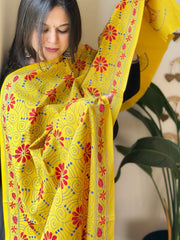 Yellow Handmade Kantha Dupatta in Pure Cotton - Masakalee