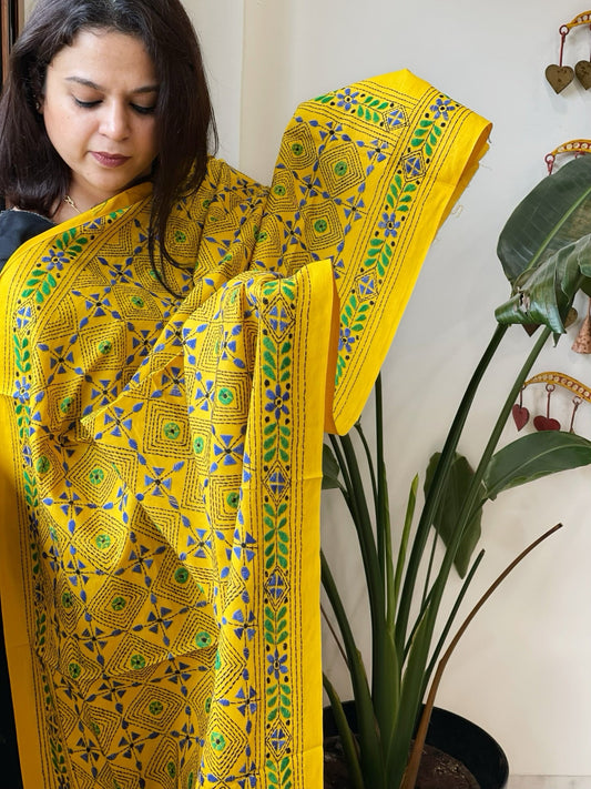 Yellow Handmade Kantha Dupatta in Pure Cotton - Masakalee