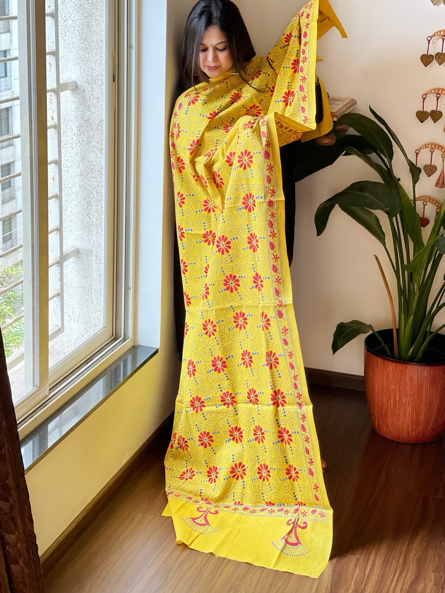 Yellow Handmade Kantha Dupatta in Pure Cotton - Masakalee