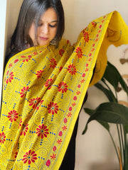 Yellow Handmade Kantha Dupatta in Pure Cotton - Masakalee