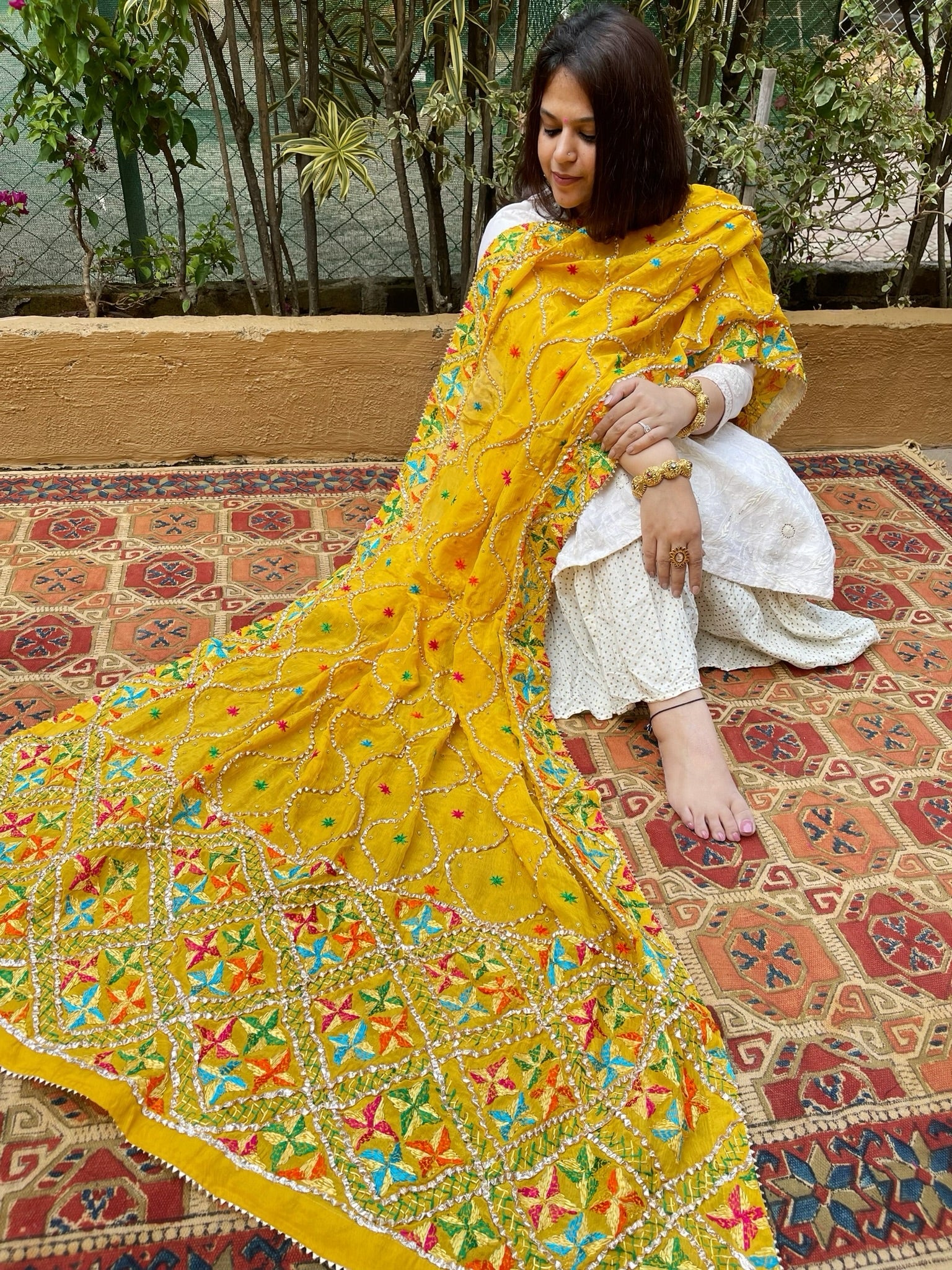 Yellow Handmade Phulkari Dupatta in Pure Chinon with Gota Handwork - Masakalee