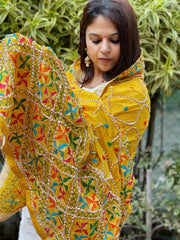 Yellow Handmade Phulkari Dupatta in Pure Chinon with Gota Handwork - Masakalee