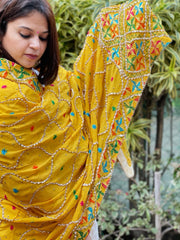 Yellow Handmade Phulkari Dupatta in Pure Chinon with Gota Handwork - Masakalee