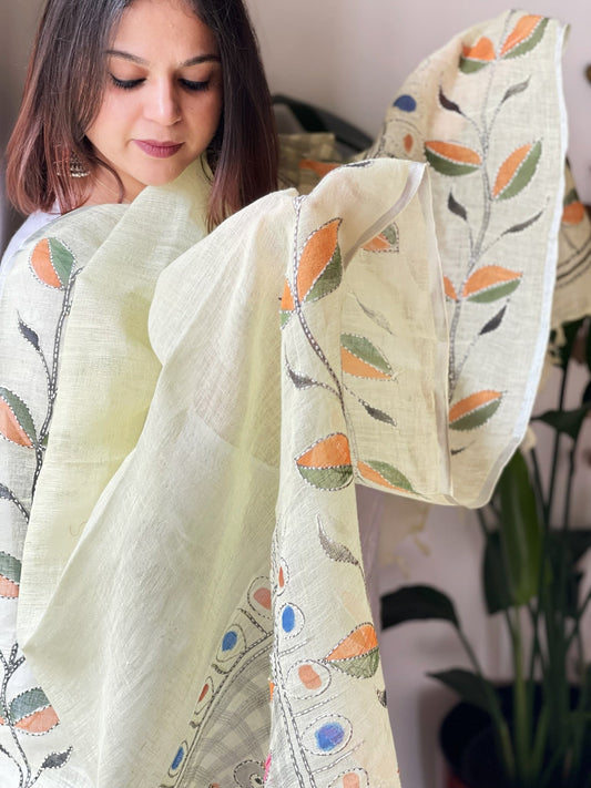 Yellow Handpainted Dupatta with Kantha Stitch Handwork in Linen - Masakalee