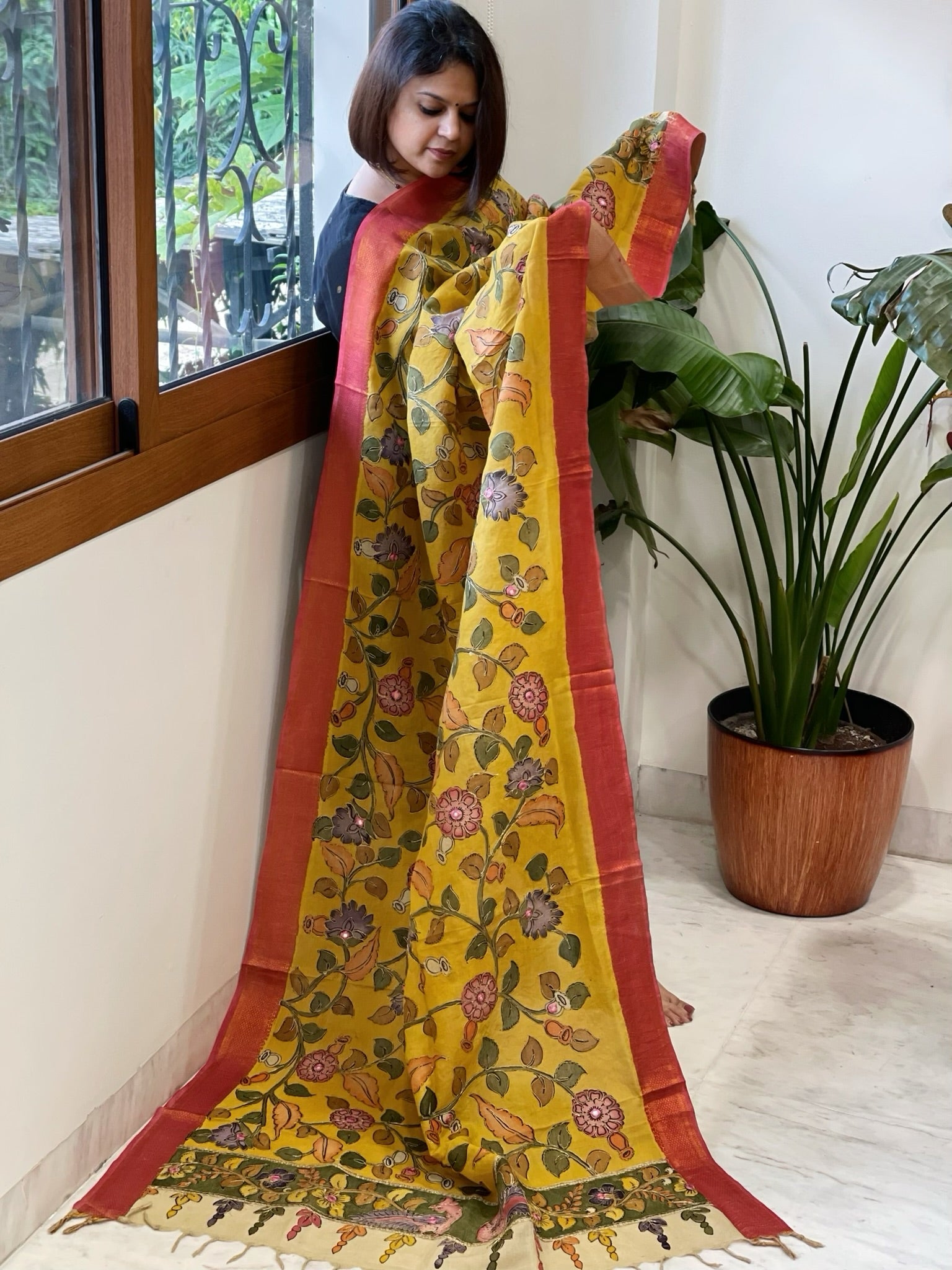 Yellow Handpainted Kalamkari Dupatta with Thread & Mirror Handwork in Chanderi Silk - Masakalee