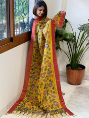 Yellow Handpainted Kalamkari Dupatta with Thread & Mirror Handwork in Chanderi Silk - Masakalee