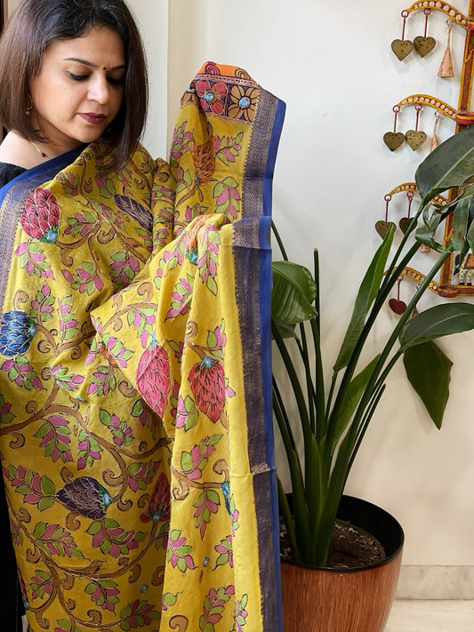 Yellow Handpainted Kalamkari Dupatta with Thread & Mirror Handwork in Chanderi Silk - Masakalee