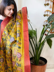 Yellow Handpainted Kalamkari Dupatta with Thread & Mirror Handwork in Chanderi Silk - Masakalee