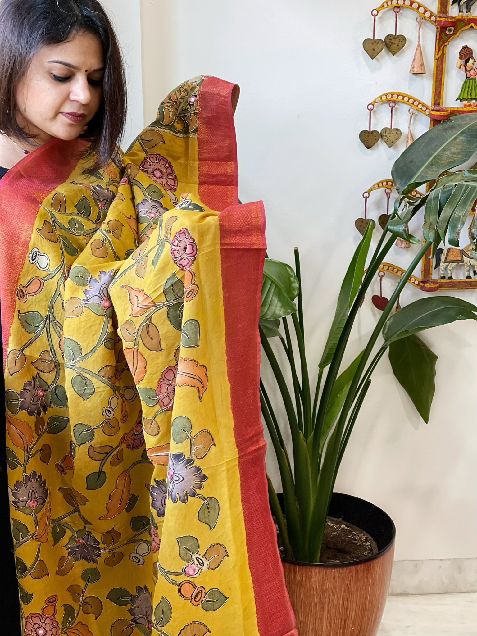 Yellow Handpainted Kalamkari Dupatta with Thread & Mirror Handwork in Chanderi Silk - Masakalee